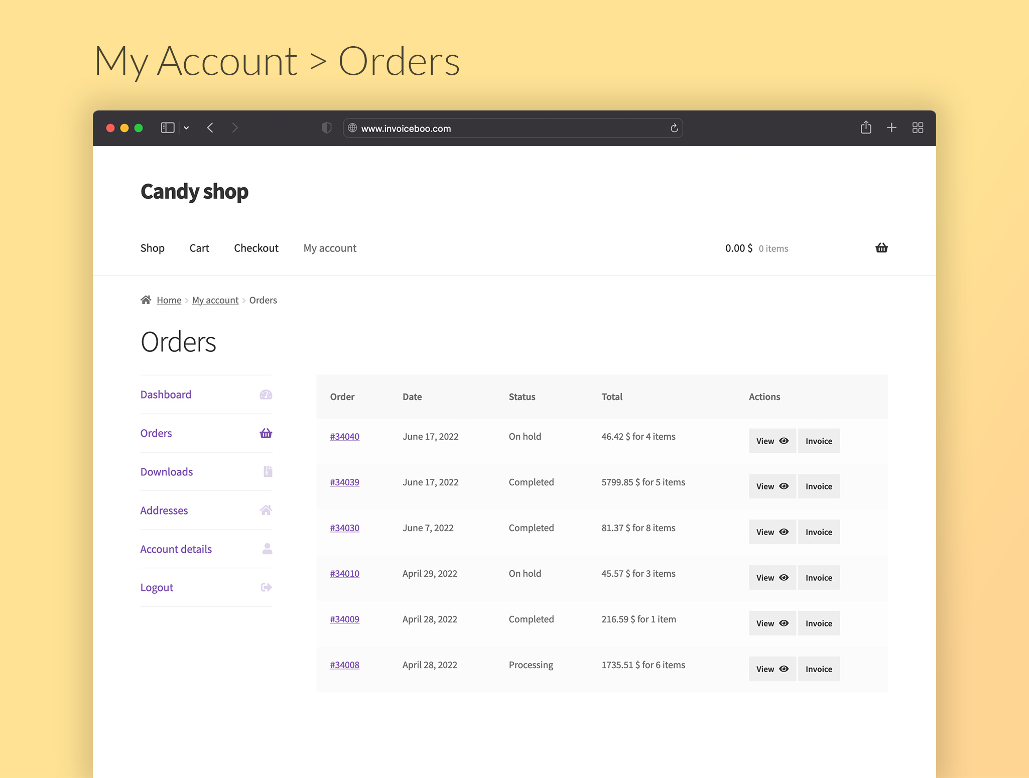 WooCommerce My Account > Orders page with Invoice buttons