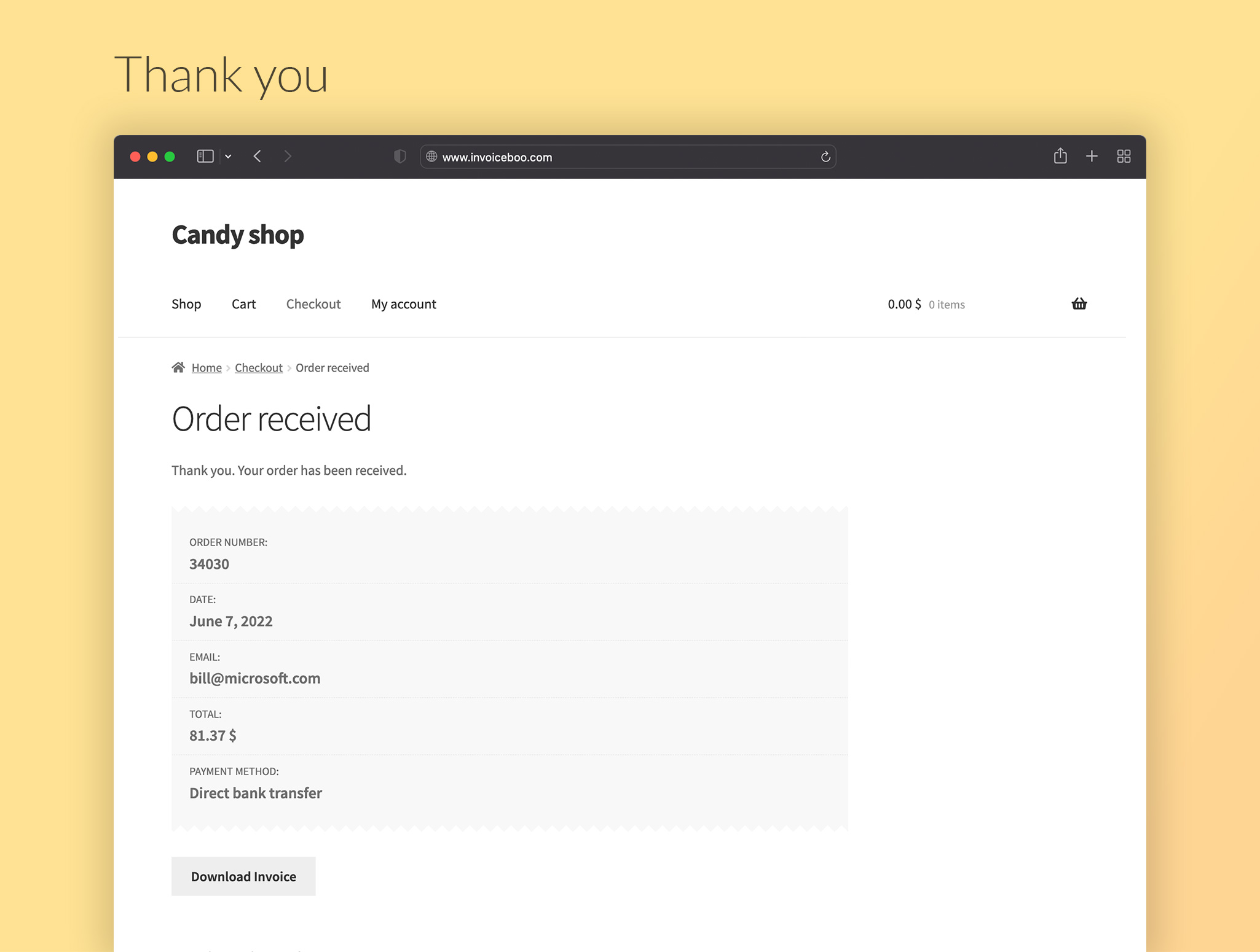 WooCommerce Thank you page with Download Invoice button