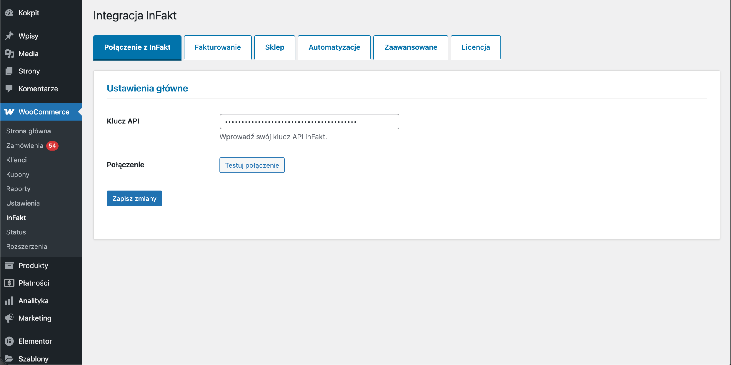 API Connection settings - connect your inFakt account with API key and test connection.