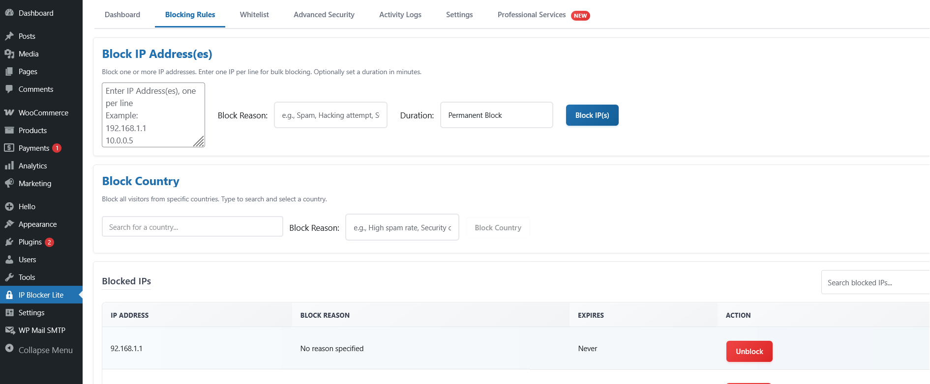 **Country Blocking** - Country selection interface