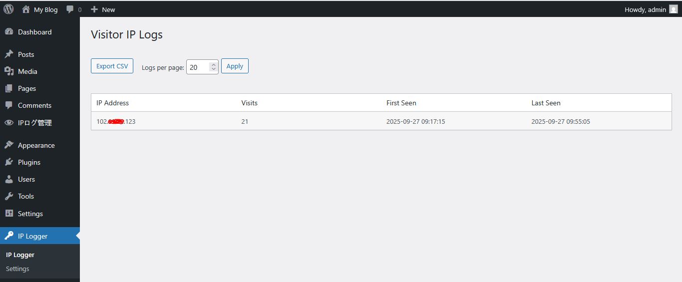 Logs table showing visitor IPs, timestamps, and counts.