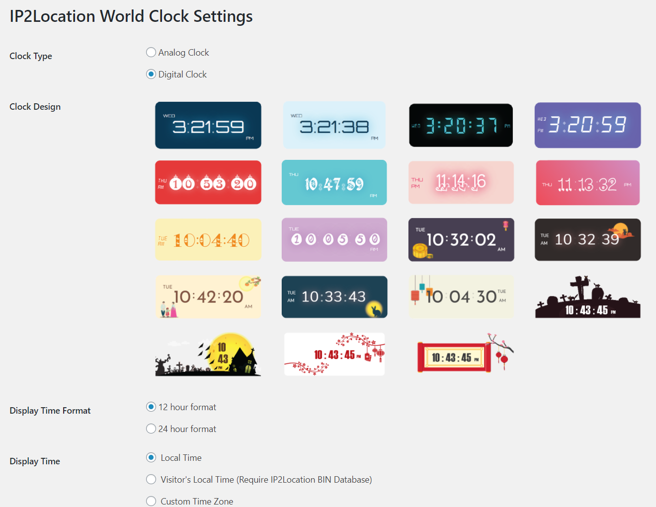 IP2Location World Clock 设置页面 - 数字时钟设计