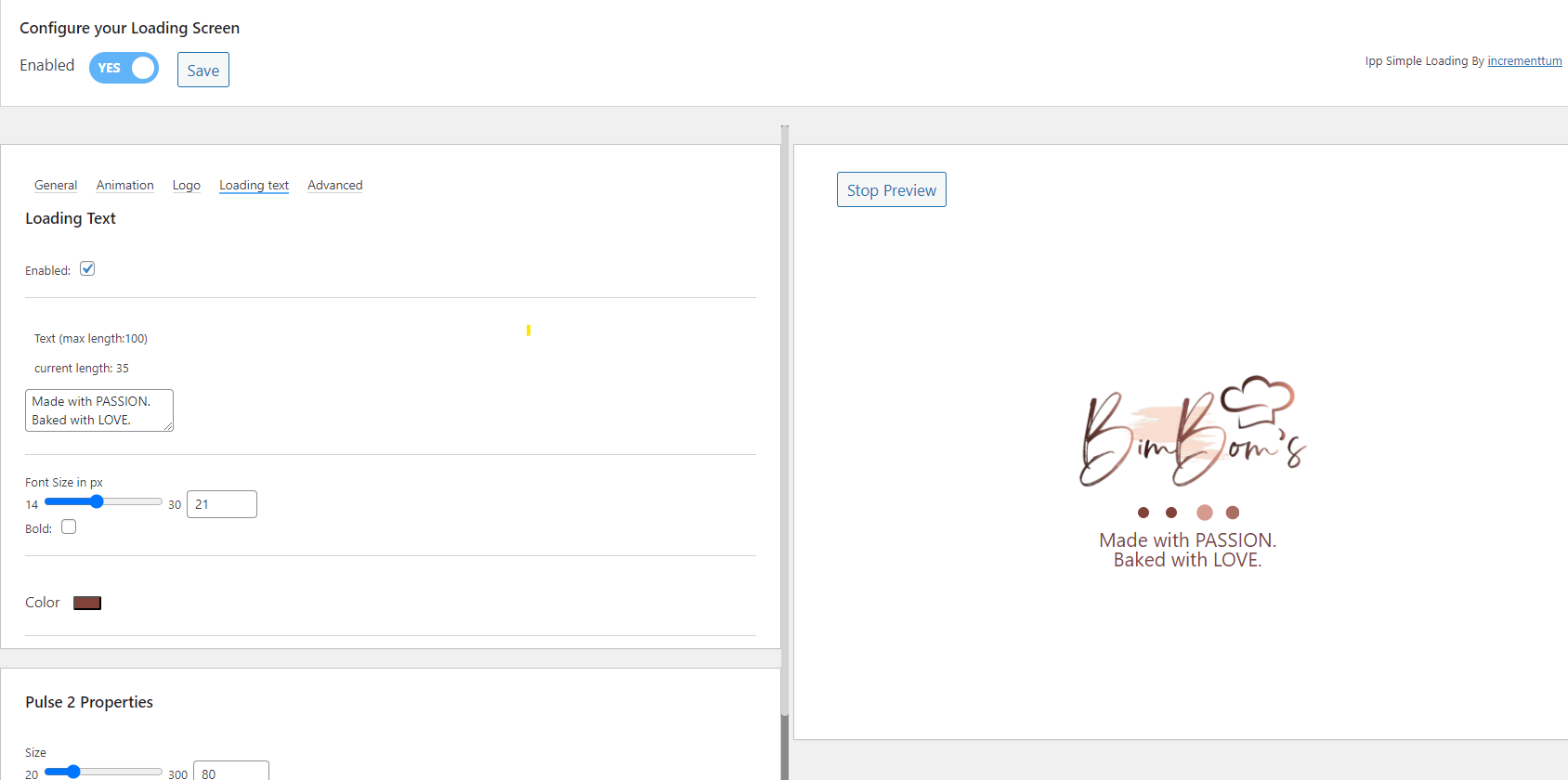 Backend Loading text settings