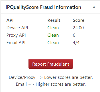 Fraud Score details for WooCommerce orders. WooCommerce integration is optional.