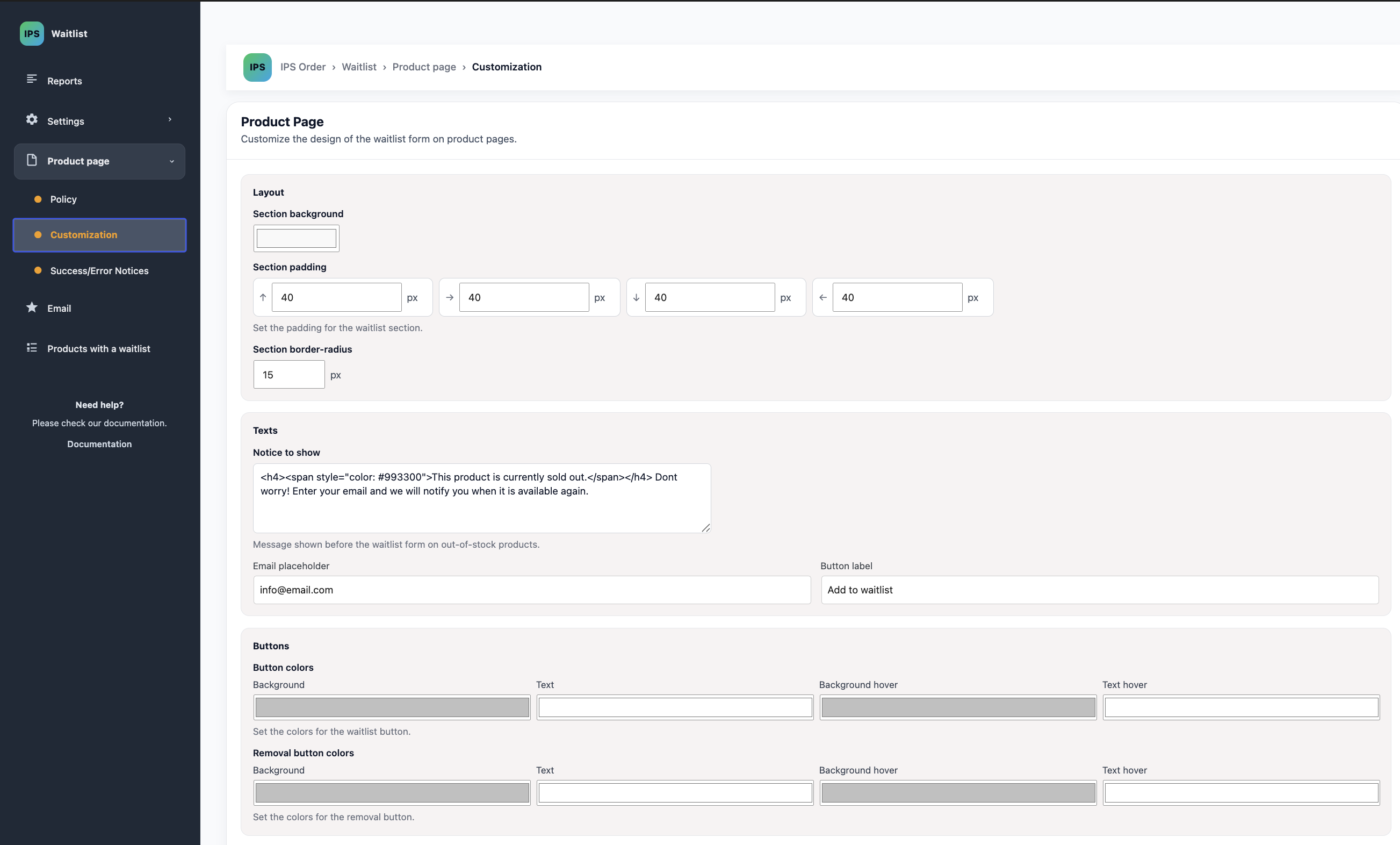 Shop-manager overview of products with a waitlist, stock status and registration counts.