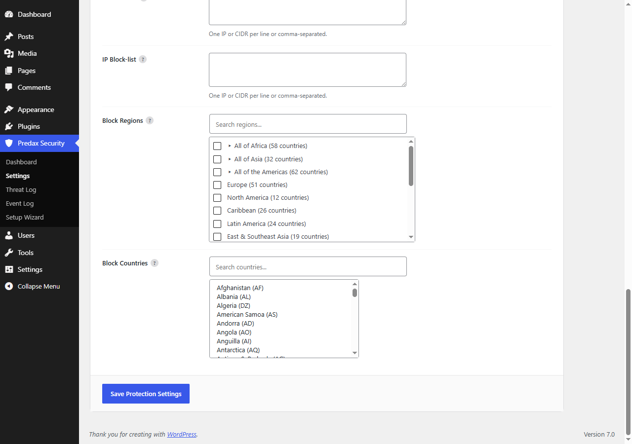Country blocking — select countries and regions to allow or deny