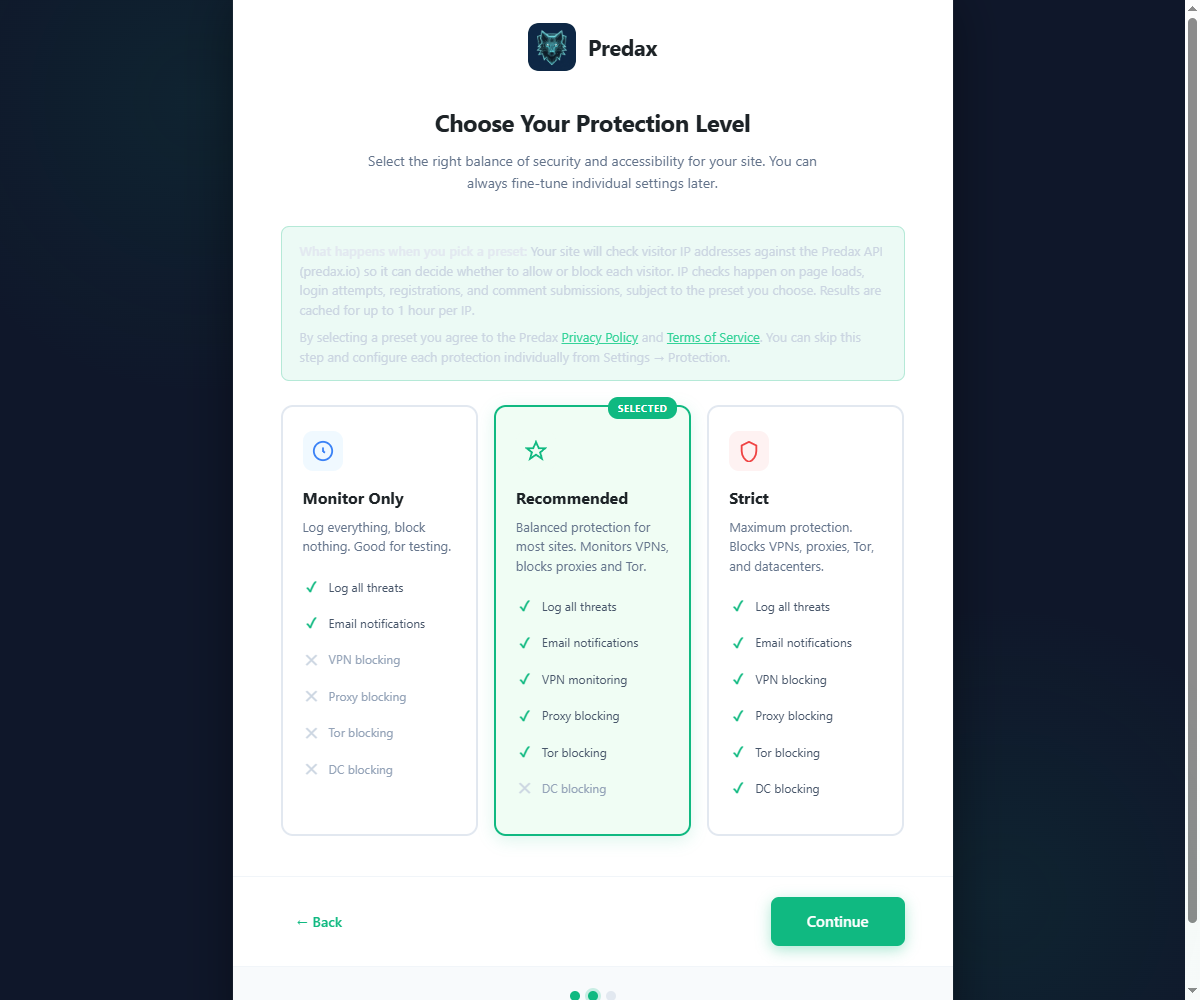 Setup Wizard — pick a protection level (Monitor Only, Recommended, or Strict) in one step