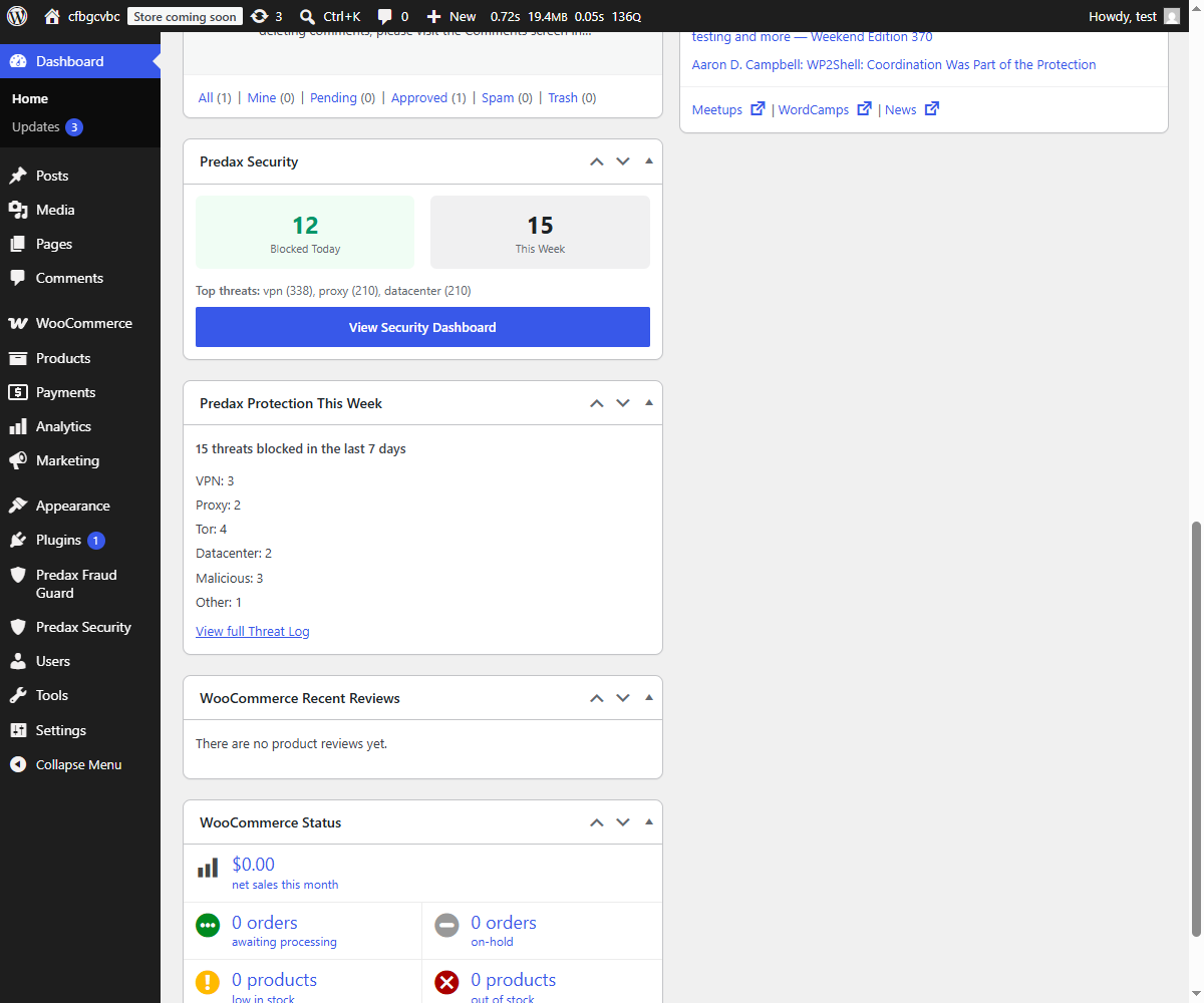 "Predax Protection This Week" — a native WordPress dashboard widget summarizing blocked threats by category