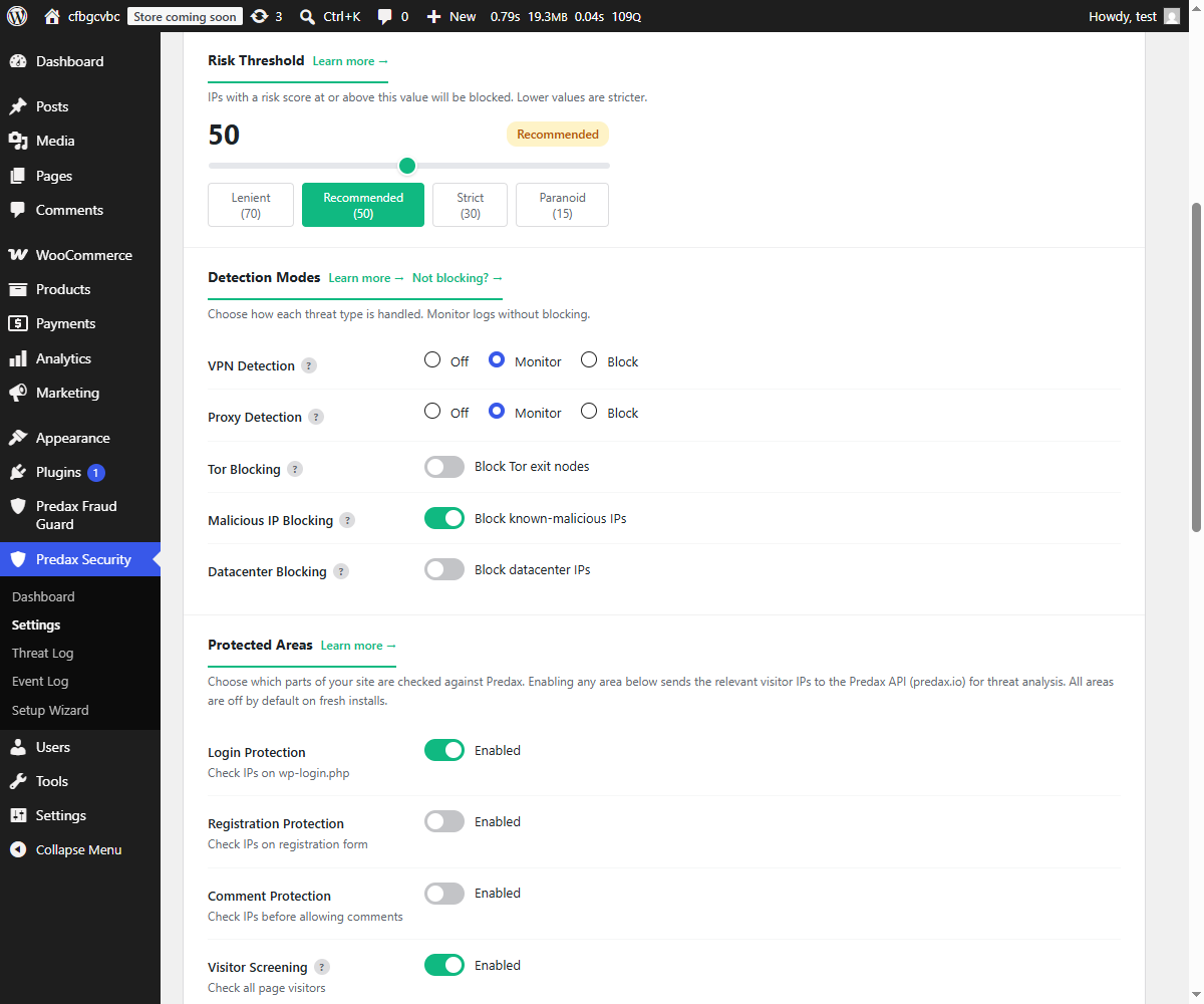Detection Modes — VPN, proxy, Tor, malicious-IP, and datacenter blocking, each independently switchable
