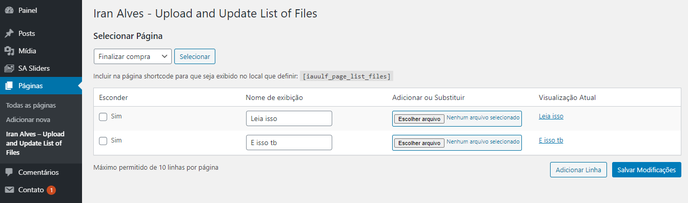 An example list of files uploaded registered for page 'Finalizar Compra'.