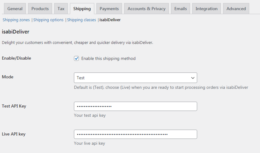 isabiDeliver Shipping Settings