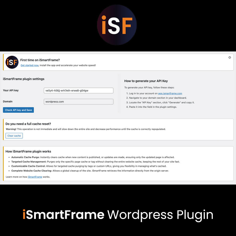 The iSmartFrame plugin settings page.