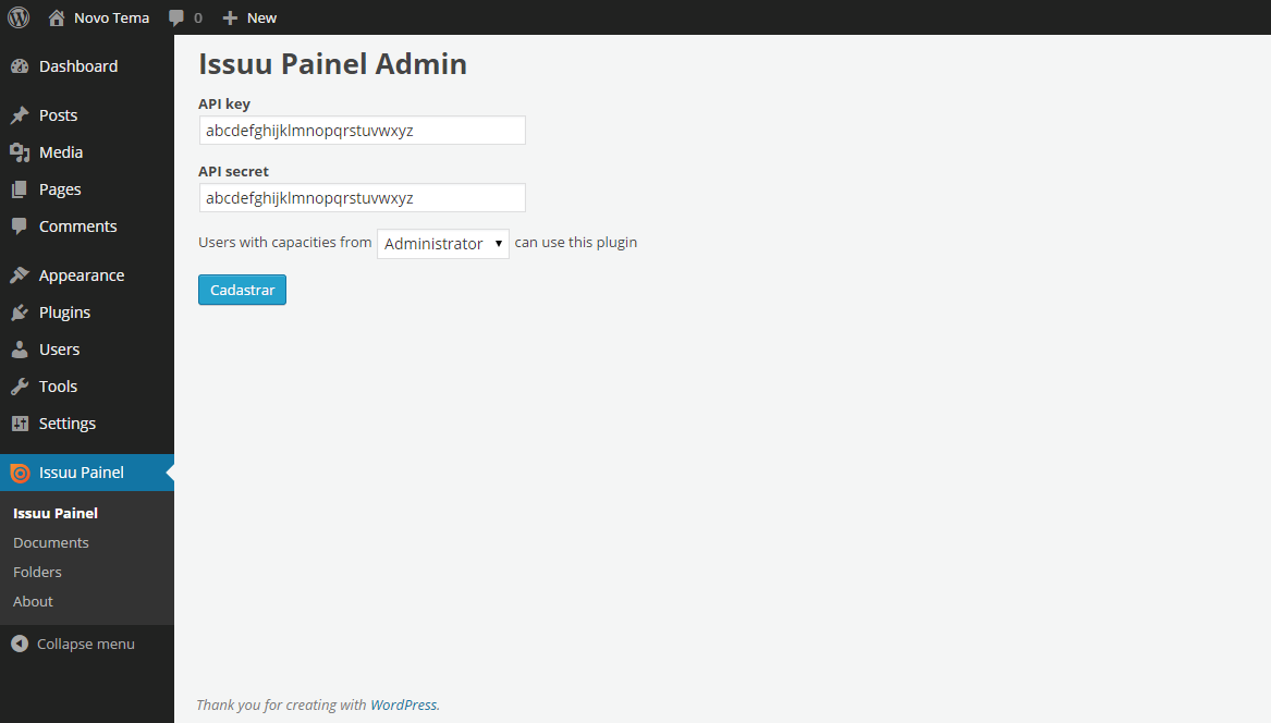 In this menu you can upload, list, update and delete documents of your Issuu account.