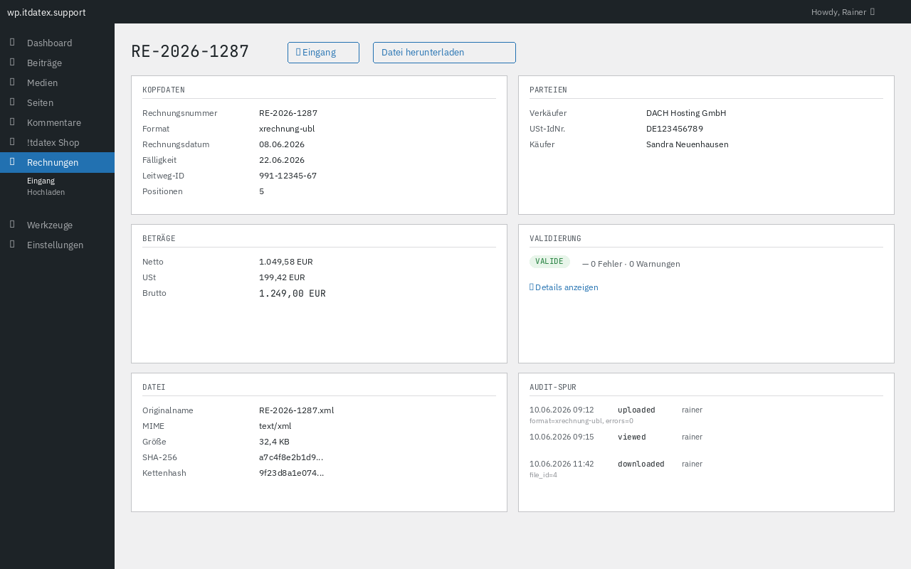The single-invoice view shows header data, parties, amounts, validation issues and a complete audit trail in six cards.