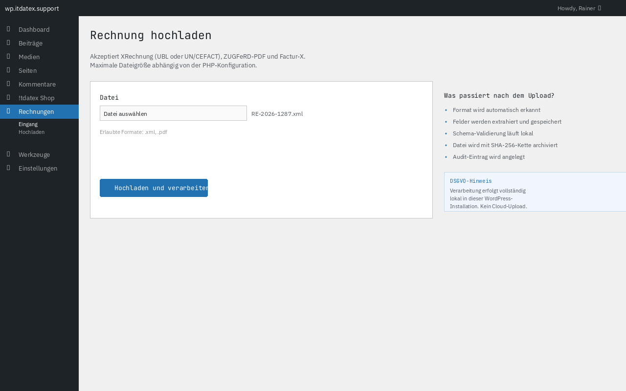 The upload form accepts both XML and PDF (ZUGFeRD) files with a single click.