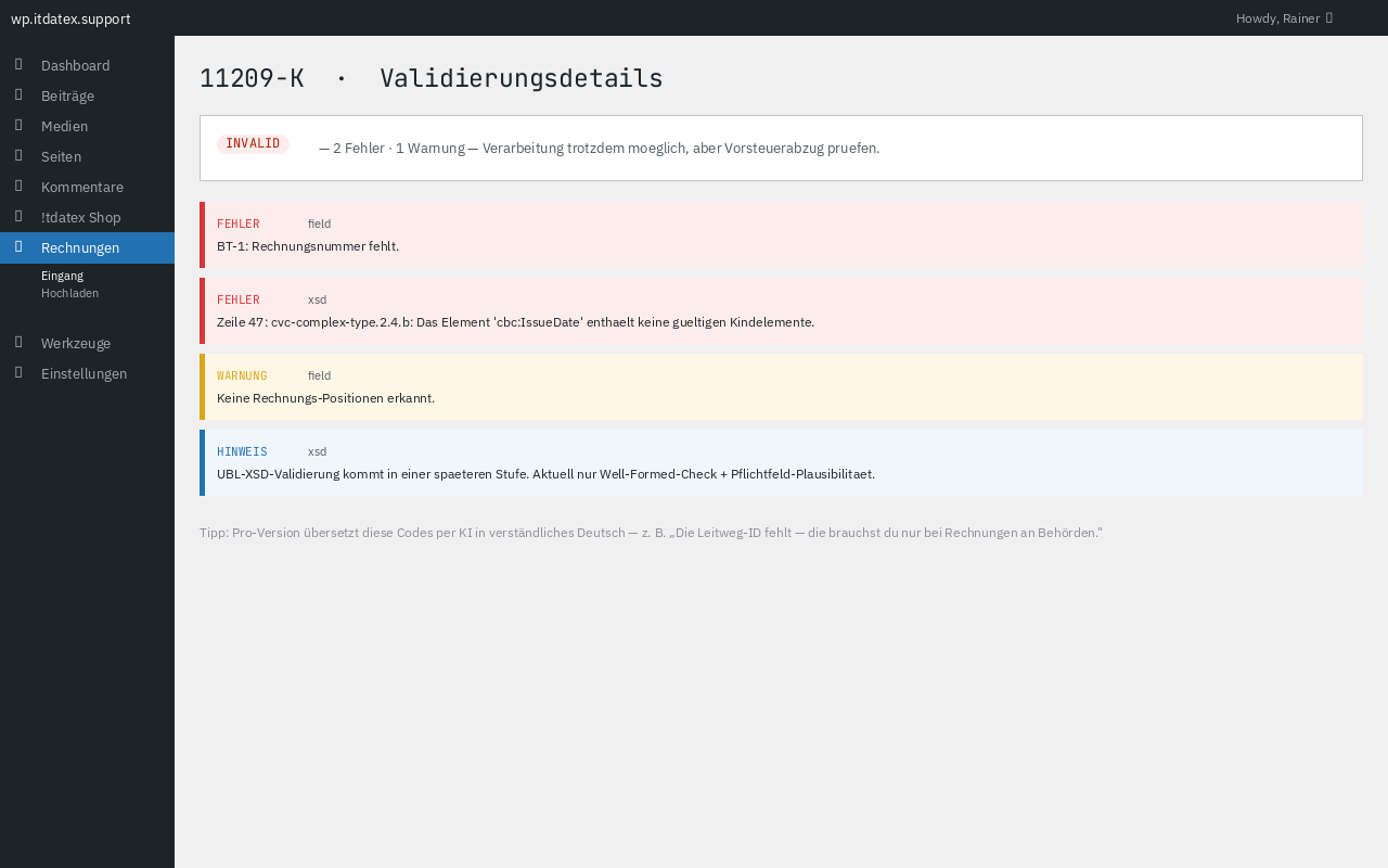 Validation issues are surfaced with severity (error / warning / info) and the BT/BR code that triggered them.
