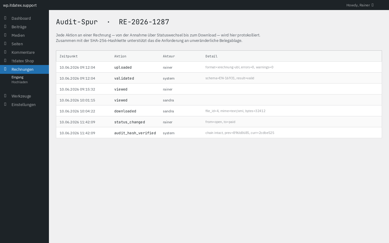 The audit trail records every upload, status change and file download.
