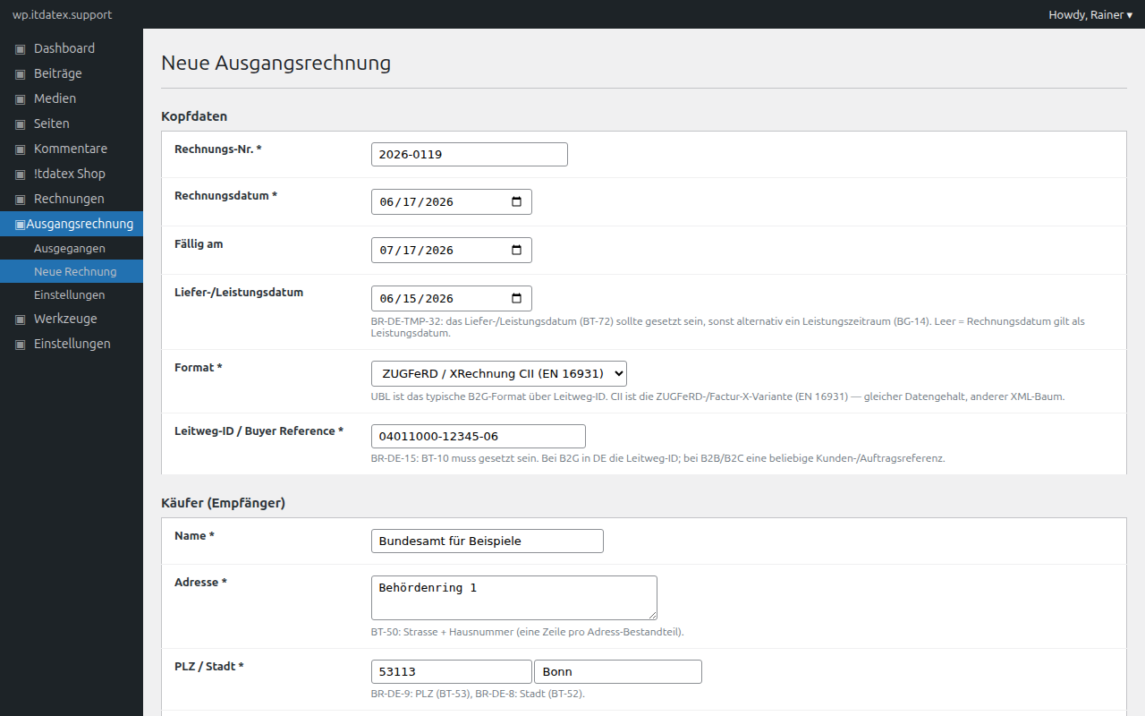 The "Neue Rechnung" form has inline hints for every KoSIT-mandatory field (BT/BR codes).