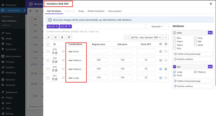 **Advanced Filtering Options:** Use the filter form to find the exact variations you need to modify.