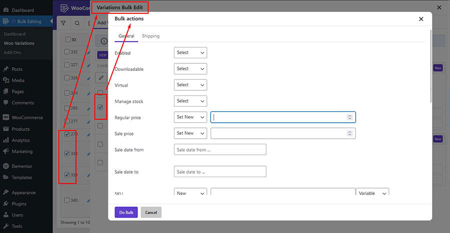 **Variation Management:** Manage variation in a separate popup