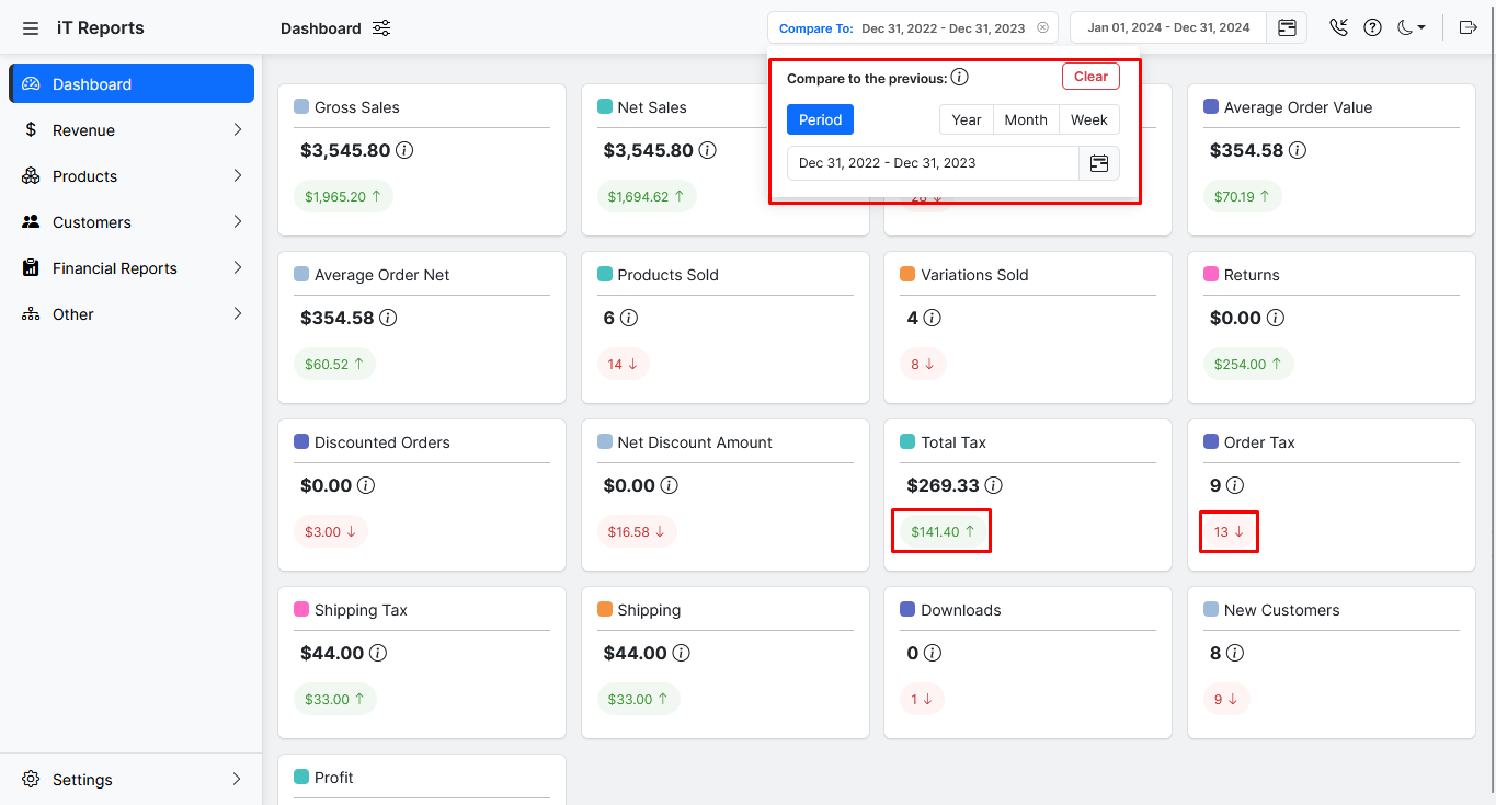 **Compare Report:** Compare different time periods side by side to track growth and spot trends