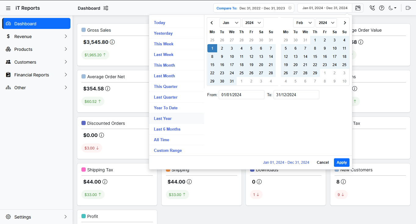 **Date Filter:** Adjust reports for any custom date range with a powerful global date filter