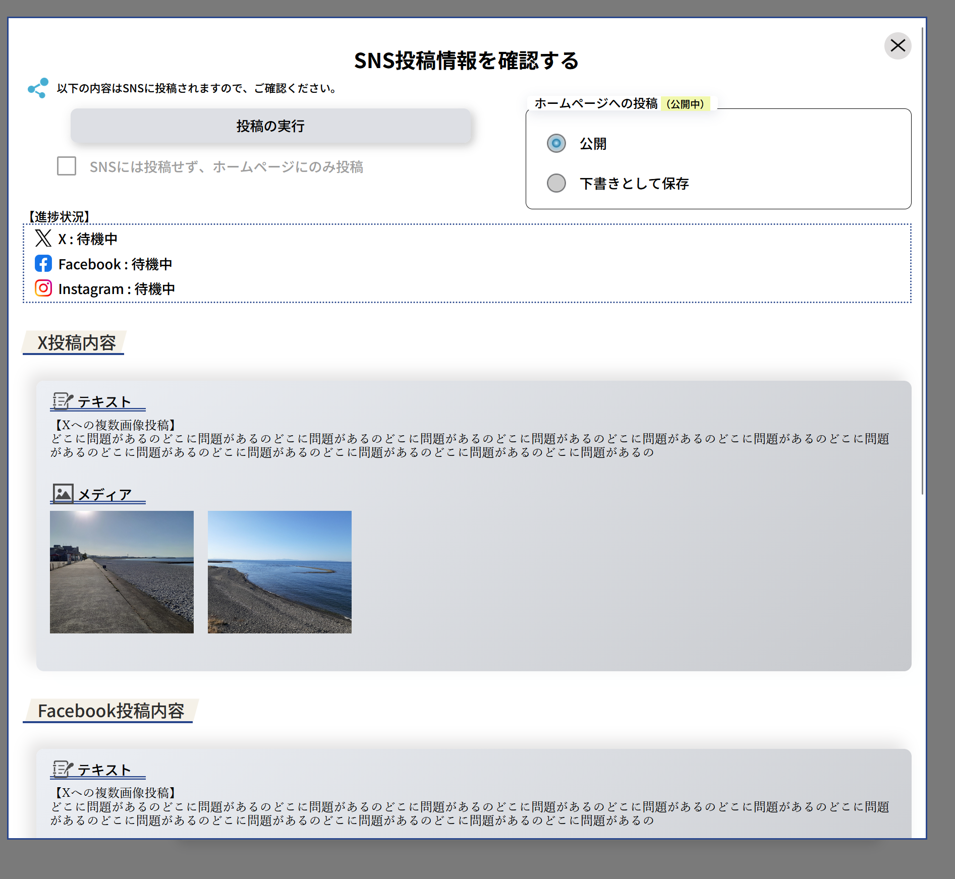 SNS post information confirmation screen