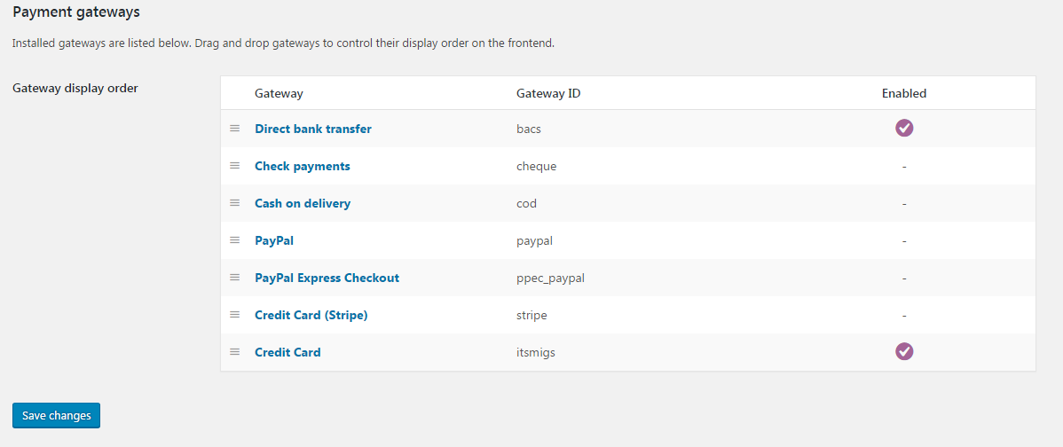 WooCommerce Checkout section's payment gateway setting page