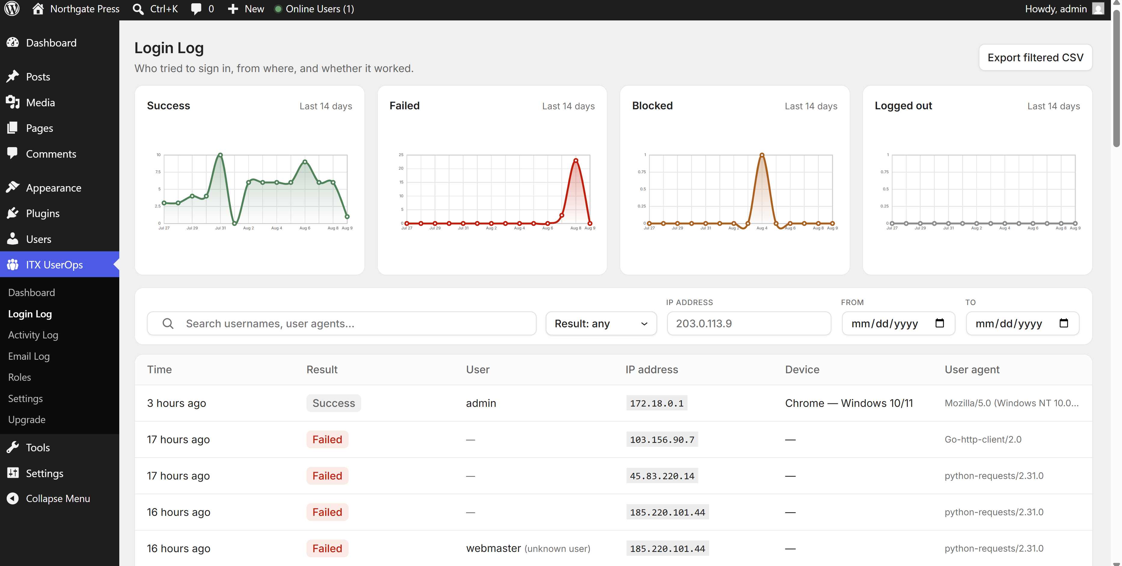 Activity log with filtering and CSV export