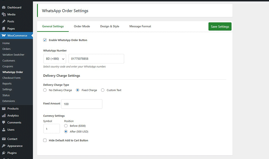 Frontend Button - The "Order on WhatsApp" button on a single product page.