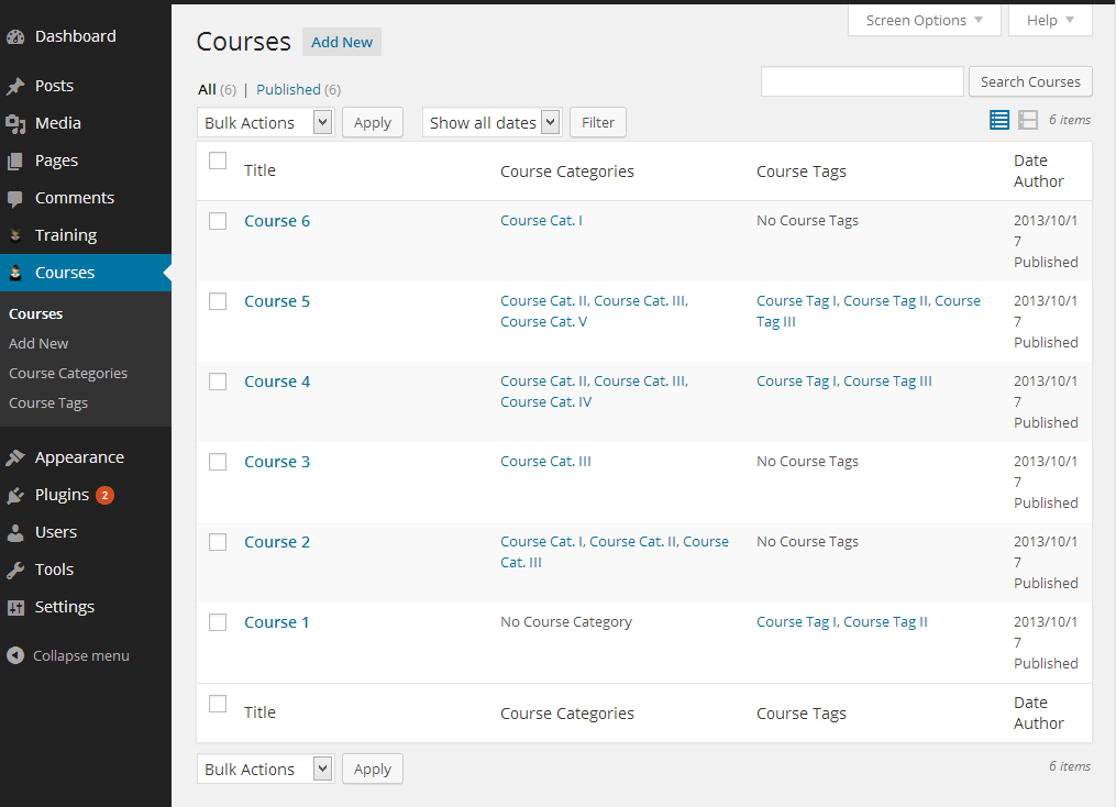 Overview of the courses, by the courses you can use categories and tags.