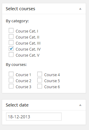 Select date is to show the training in the widget. Select Courses is to assign the right courses to the Training.