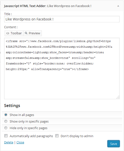 "Javscript HTML Text Adder" widget with a "Facebook Like Box" code entered.