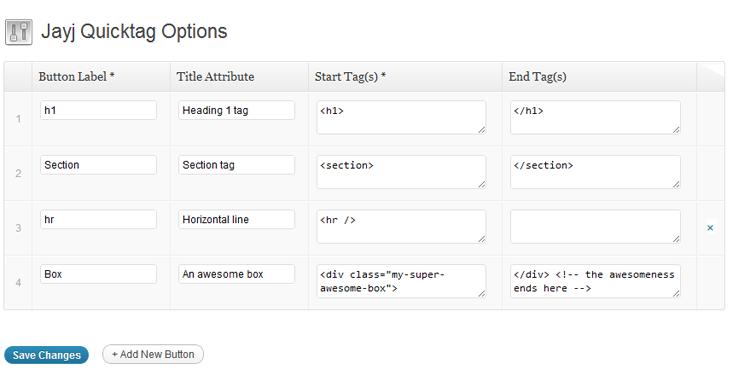 The Quicktag generator settings page. You can drag 'n' drop the rows to change the order.