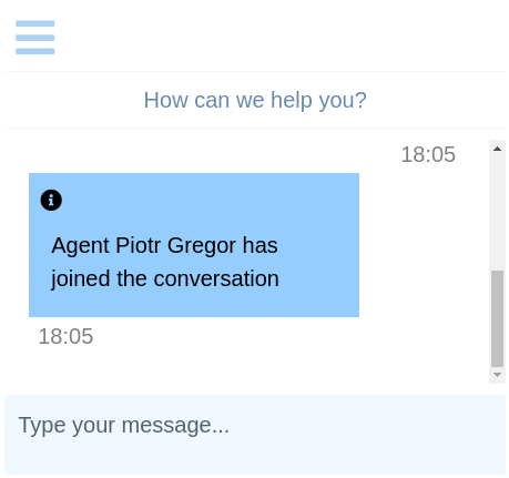 Domain can be configured to show various events and notifications. Here the info is displayed because agent opened this conversation in agent's panel (indicates agent's focus, configurable).