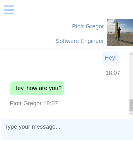 Conversation. Agent's details may be displayed (name, brief overview, picture) if configured.