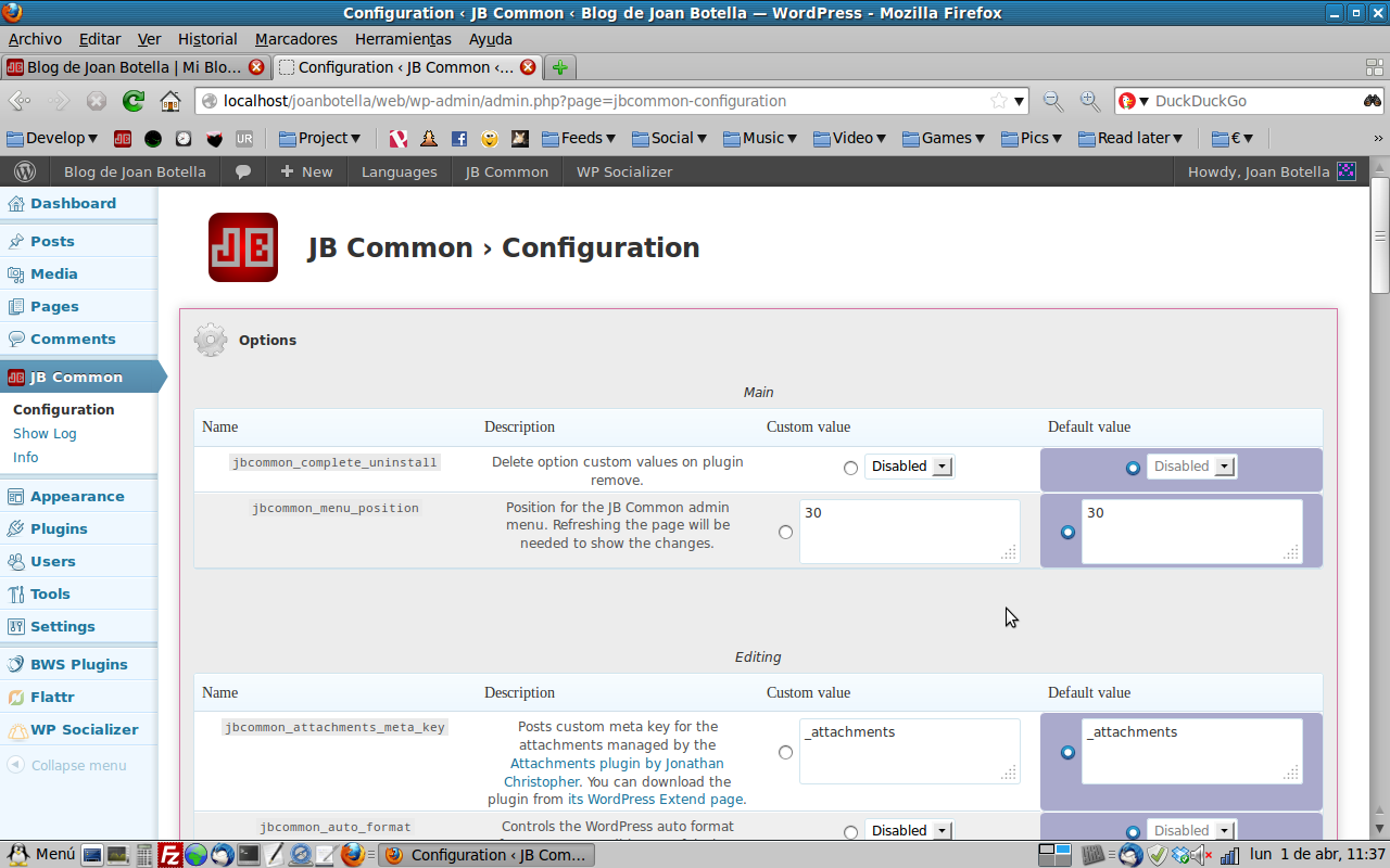 The JB Common Configuration admin section. Each option is listed as name,