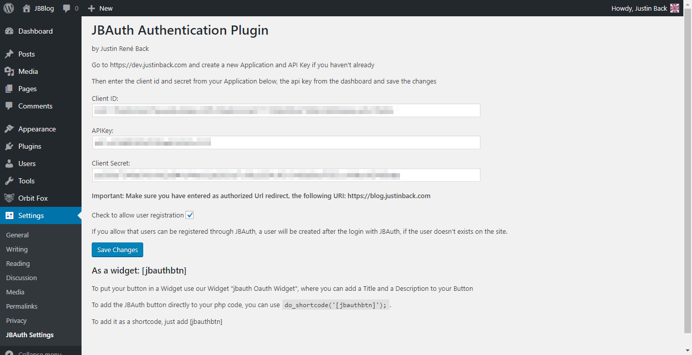 The settings page