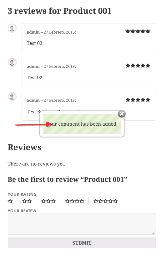 Example success woocommerce comment