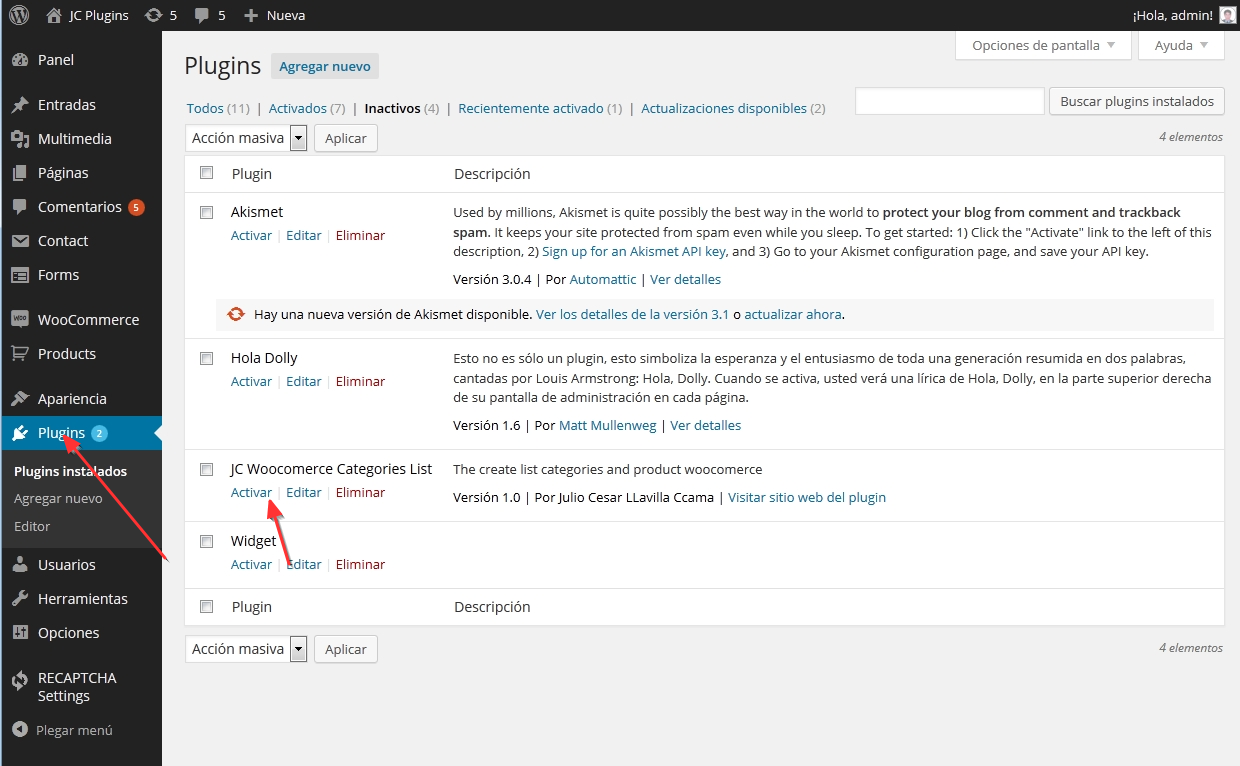 Create list of categories Woocommerce 1