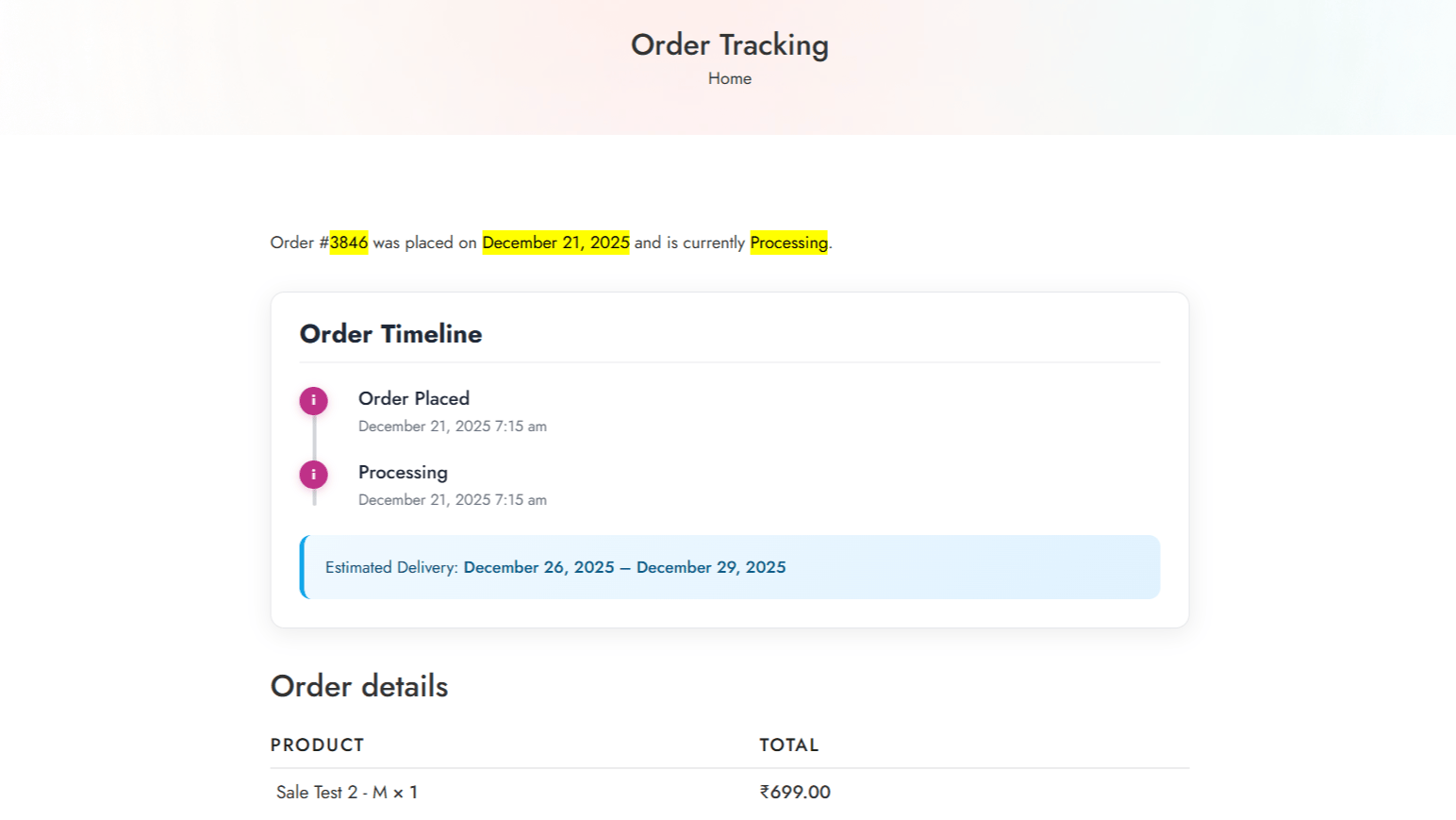 Order timeline on public order tracking page
