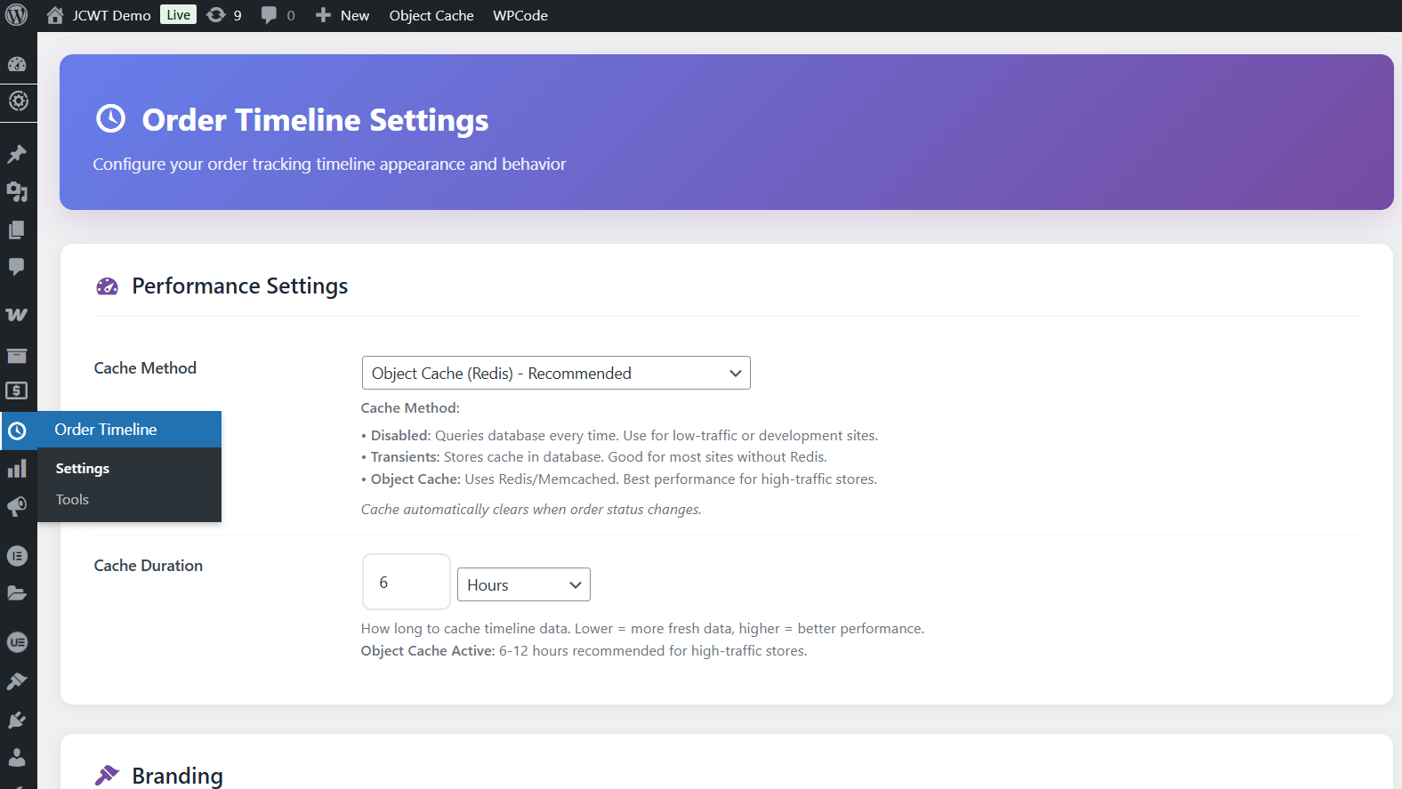 Admin settings page with customization options