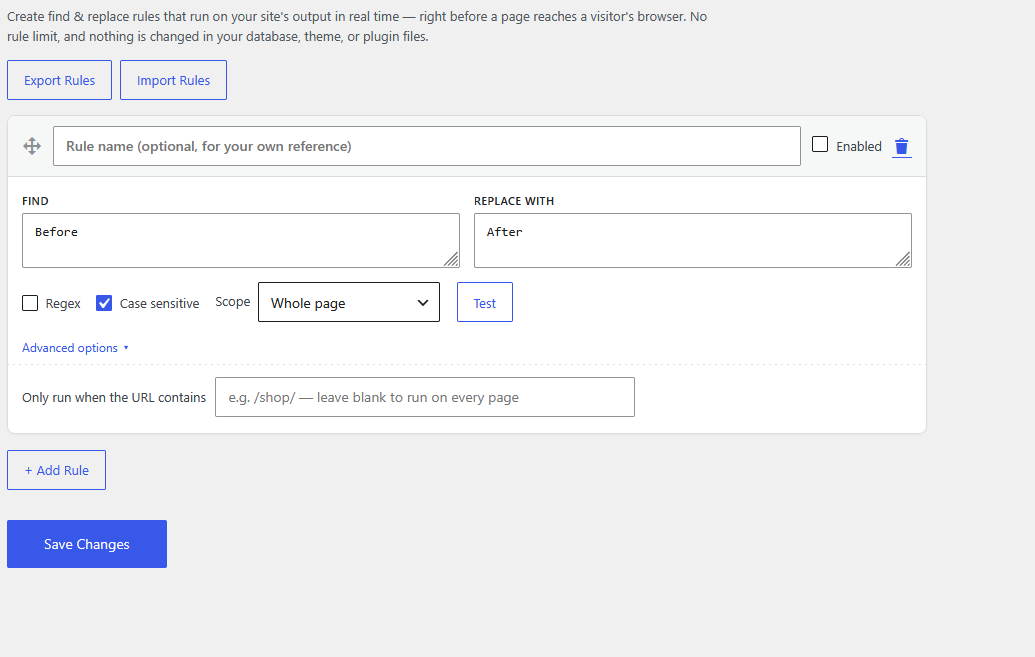 Adding a new find & replace rule.