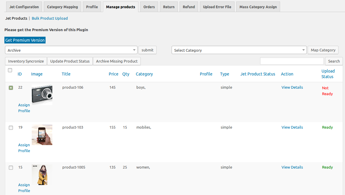 To upload a product on jet.com, a jet category must be assigned to it. For this the merchant needs to map your WooCommerce category with jet category. You can map your WooCommerce category with jet under “Category Mapping” section.