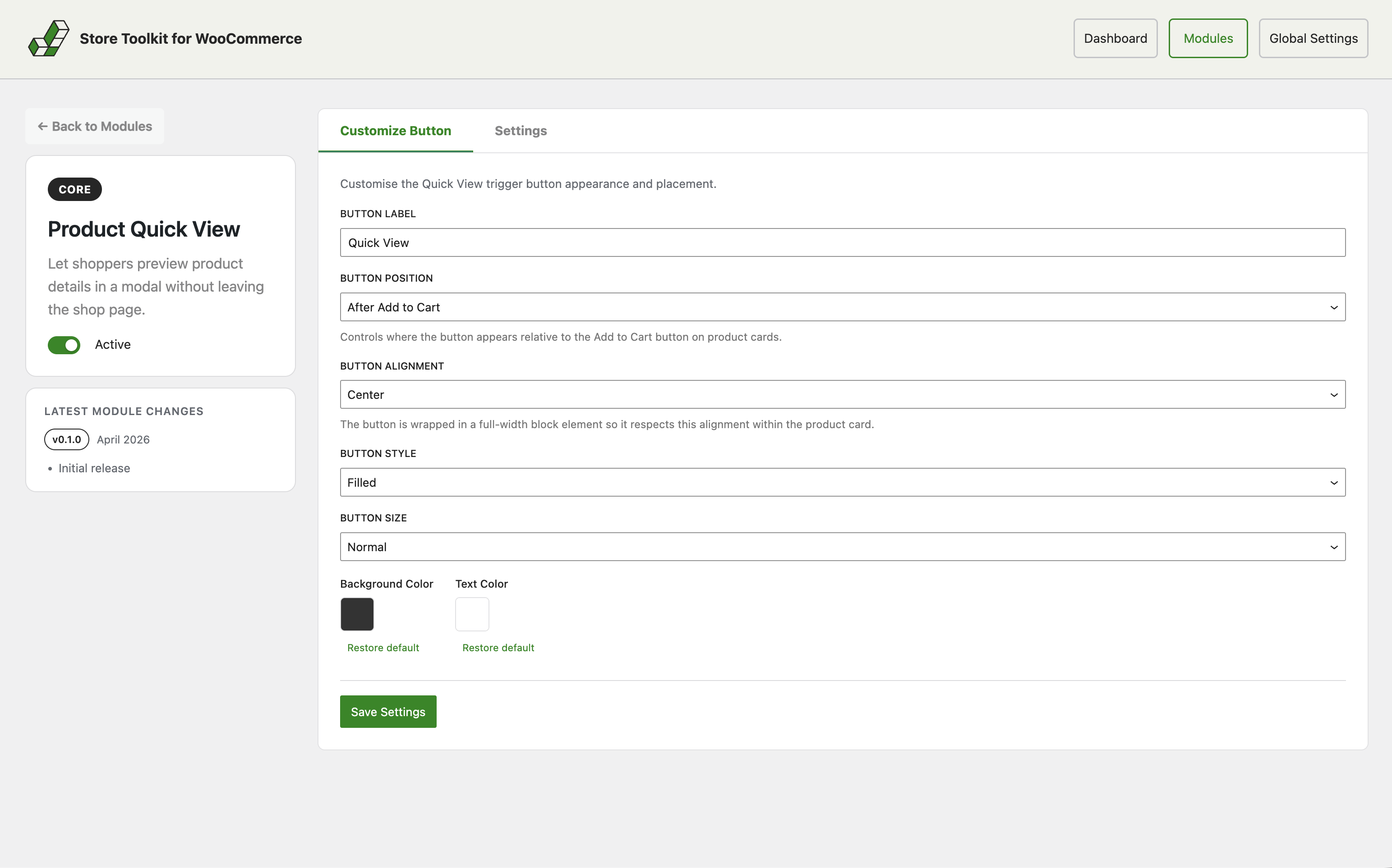 Product Quick View — customize button and settings.