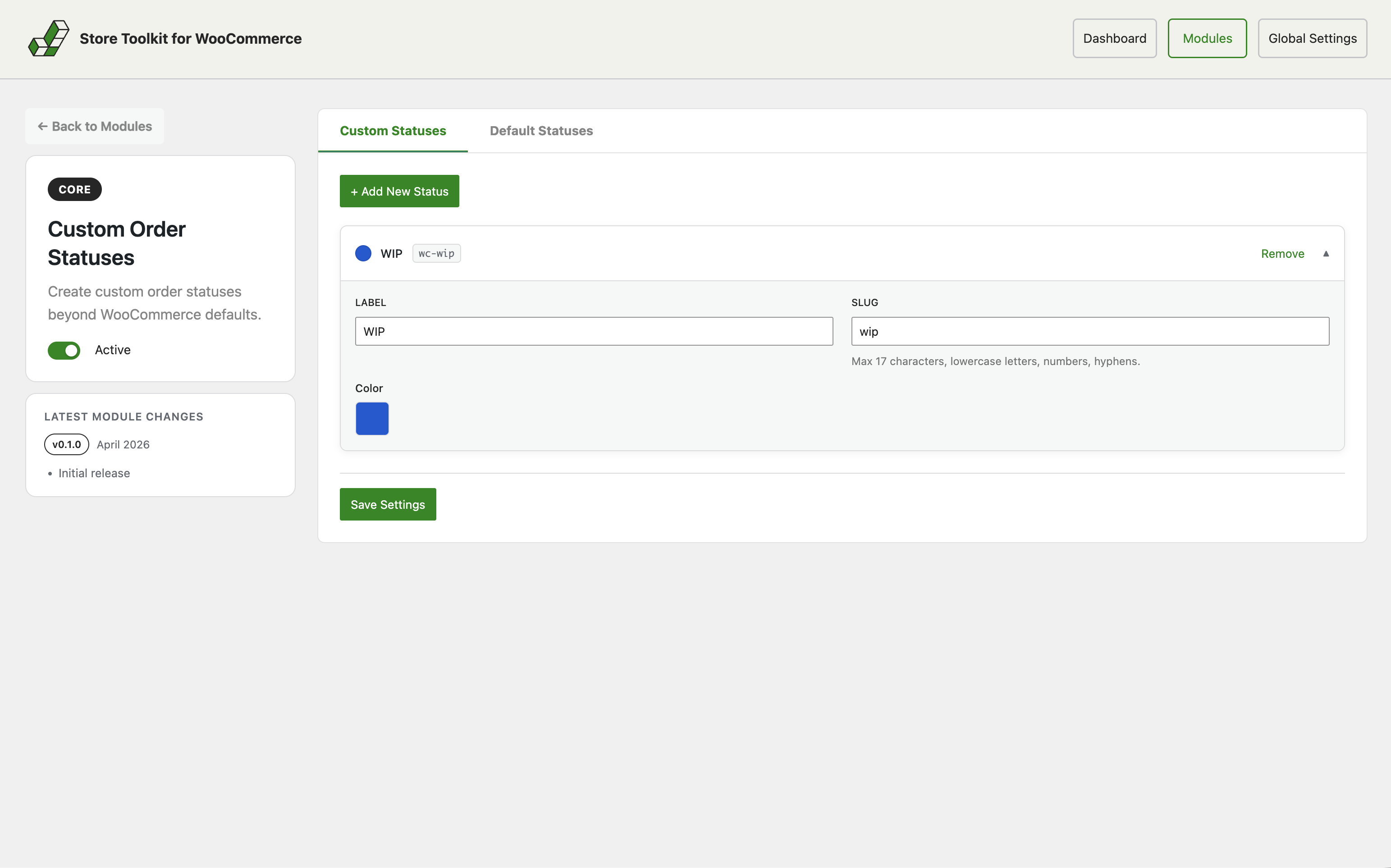 Custom Order Statuses — colour-coded status list.