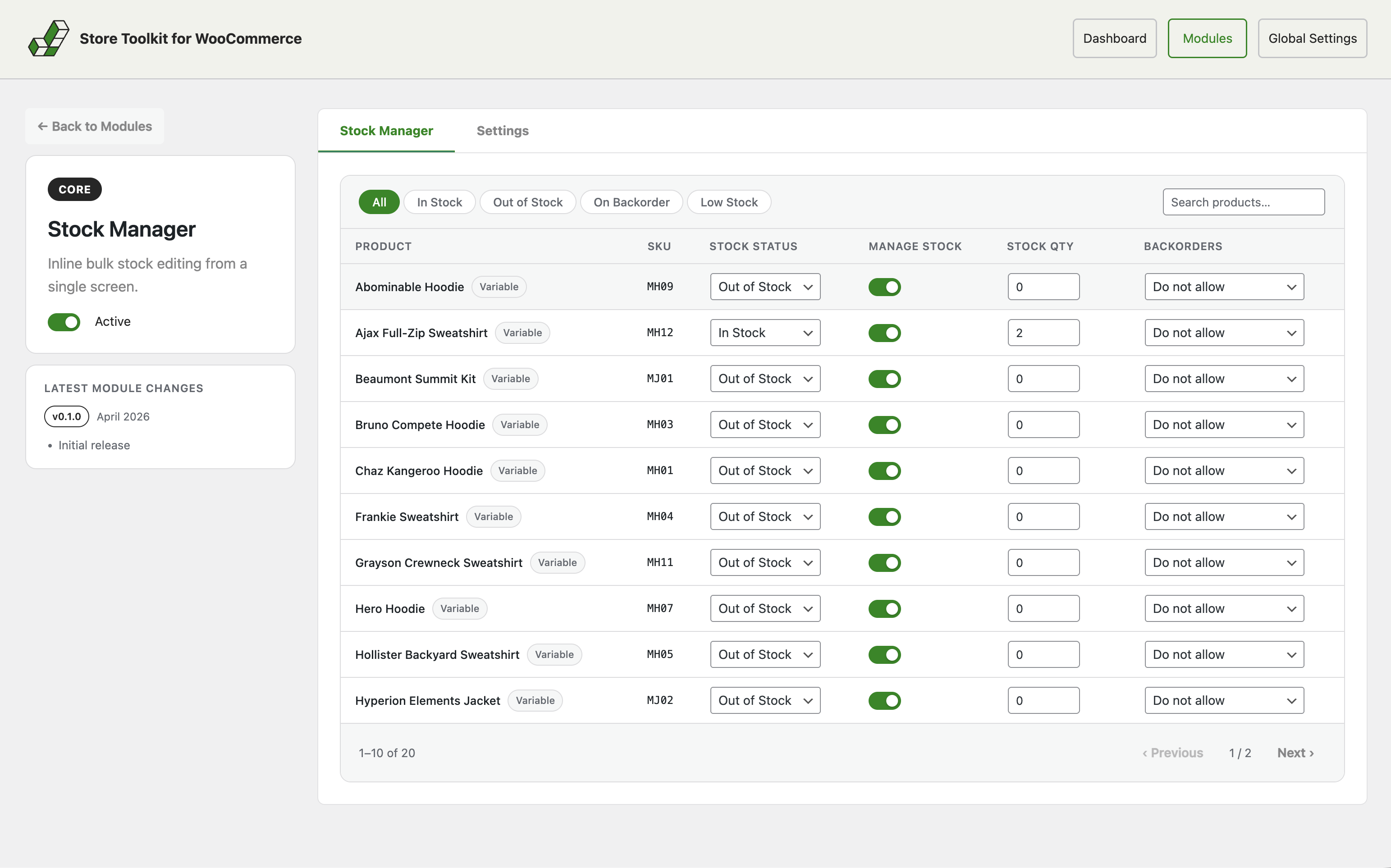 Stock Manager - admin table with inline editing.
