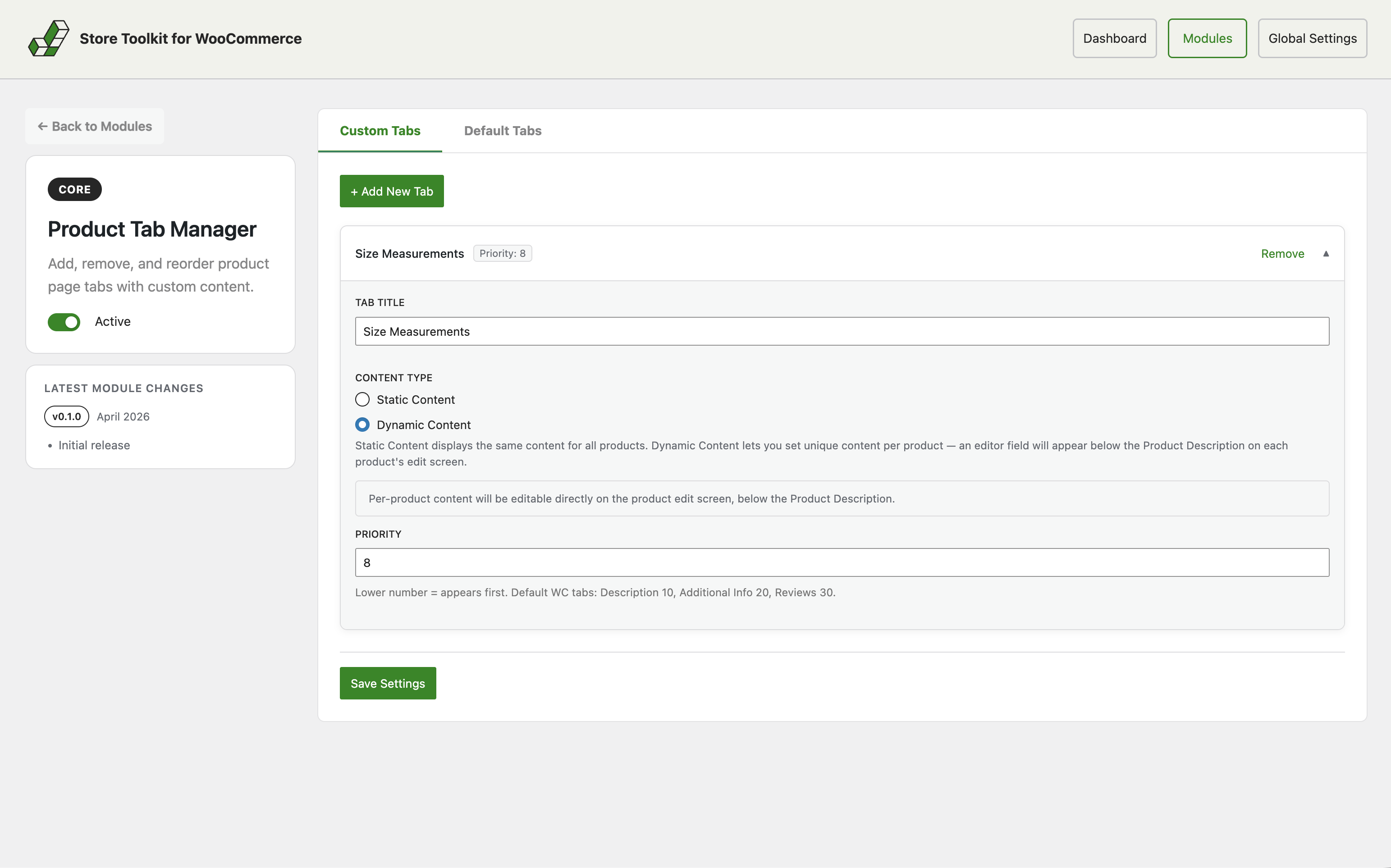 Product Tab Manager — custom tabs with static and dynamic content.