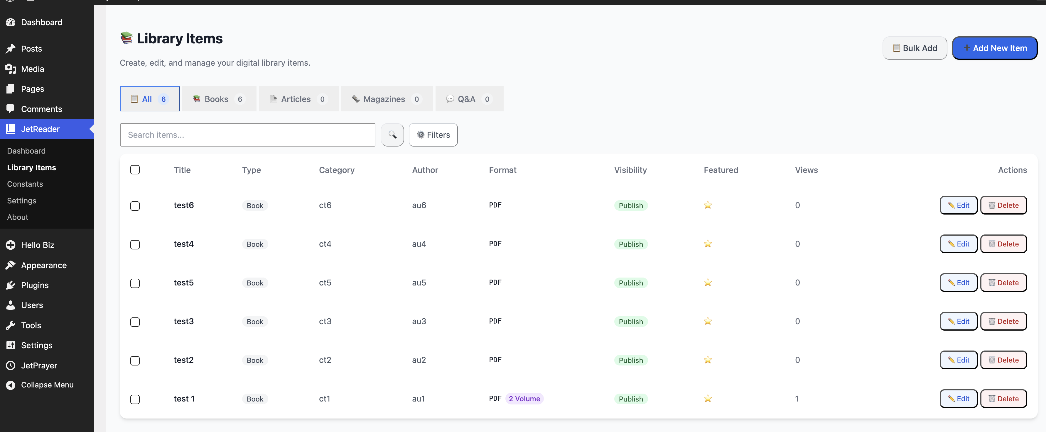 Admin — Library Management — Centralized WordPress admin screen showcasing organized type filters, digital format indicators, and auto-generated cover thumbnails.