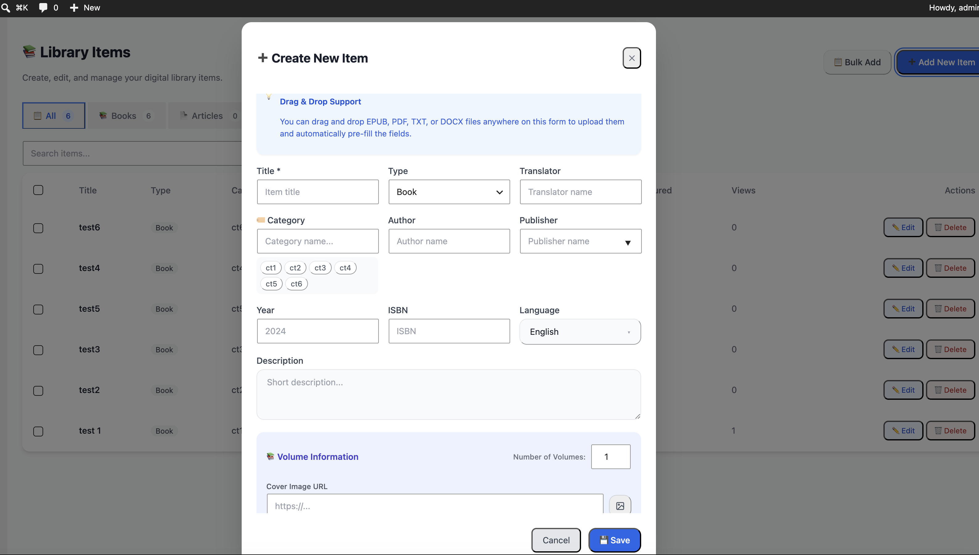 Admin — Document Ingest & Metadata — Form fields for file uploads (PDF, EPUB, DOCX, DOC, TXT) featuring explicit access controls and metadata handling.